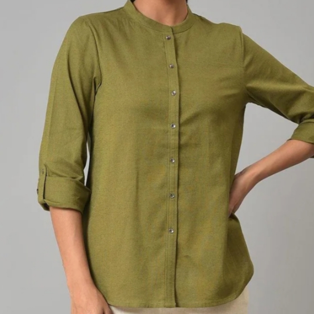 W for Woman Olive Green Cotton Button Down Top